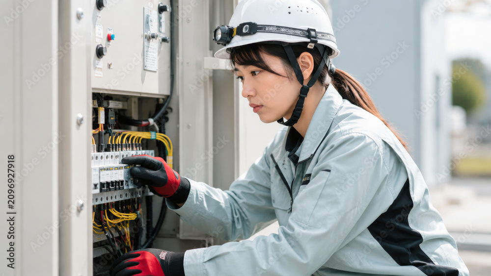 分電盤を点検する電気工事士